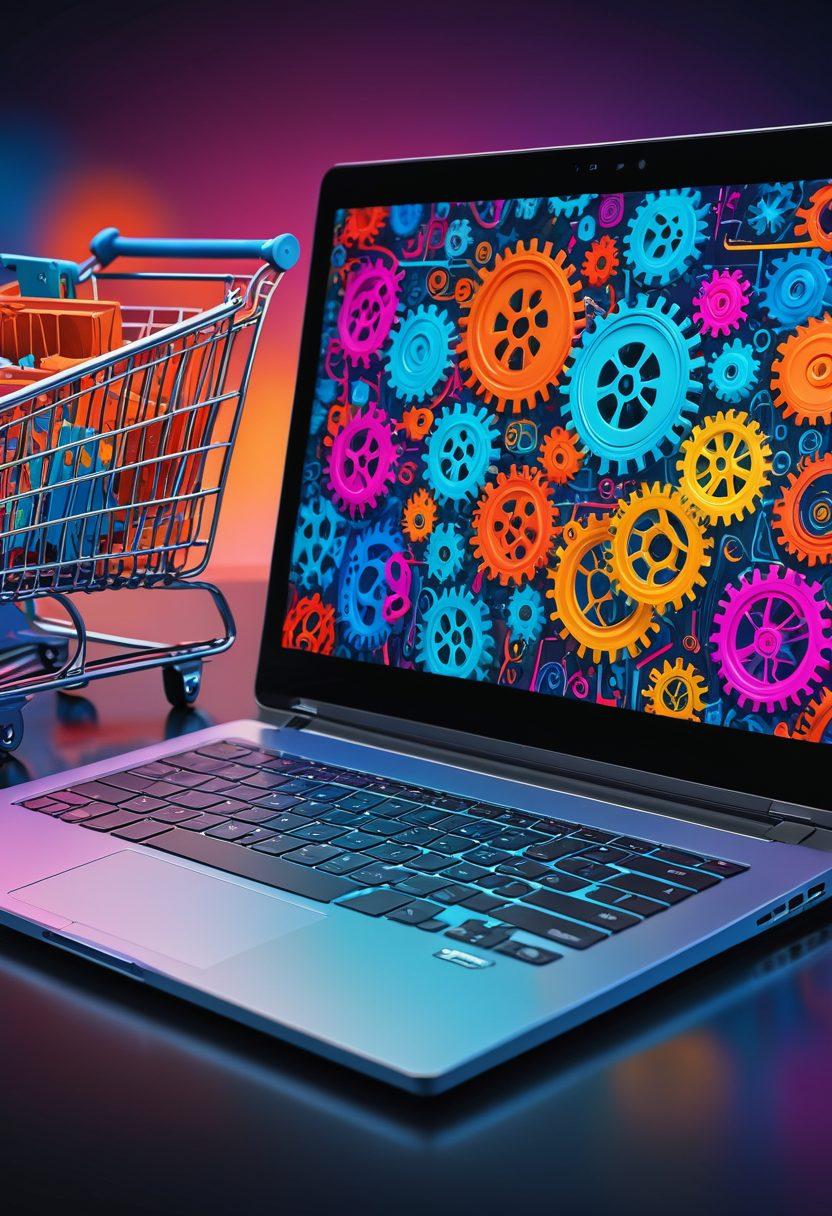 A dynamic scene featuring a sleek laptop and a tablet, both displaying vibrant, responsive e-commerce interfaces with shopping carts, product images, and analytics. Background includes a seamless connection of digital elements like graphs, cloud icons, and gears symbolizing robust, smooth functionality. Vibrant colors. super-realistic. digital art.