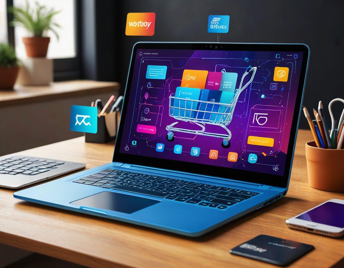 A dynamic scene showcasing a responsive website displayed on various devices like a laptop, tablet, and smartphone. Surround these devices with modern e-commerce elements like shopping carts, credit cards, and discount badges. Include coding symbols and circuit lines weaving through the composition to represent web development. vibrant colors. 3D.